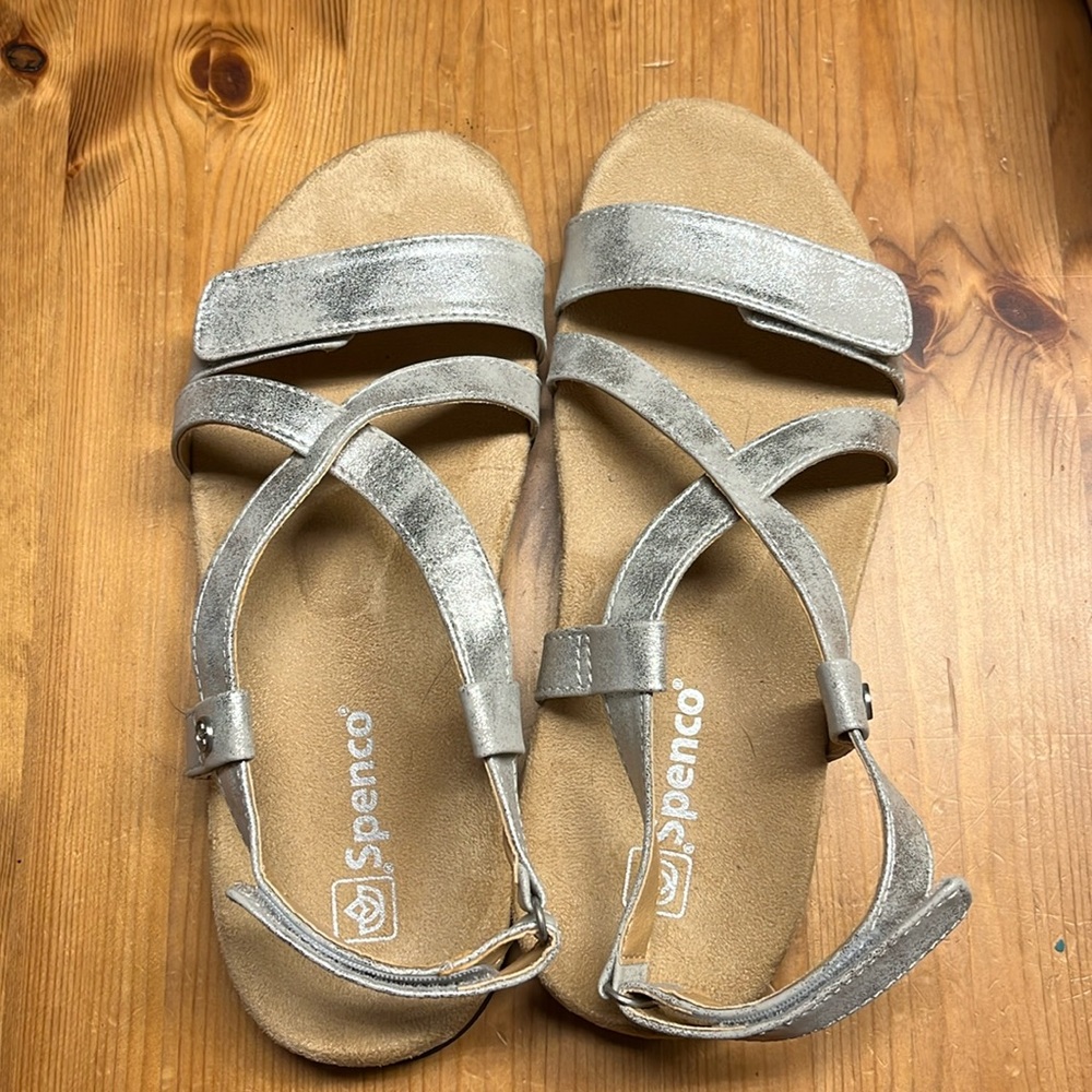 Silver Spenco cross strap sandals